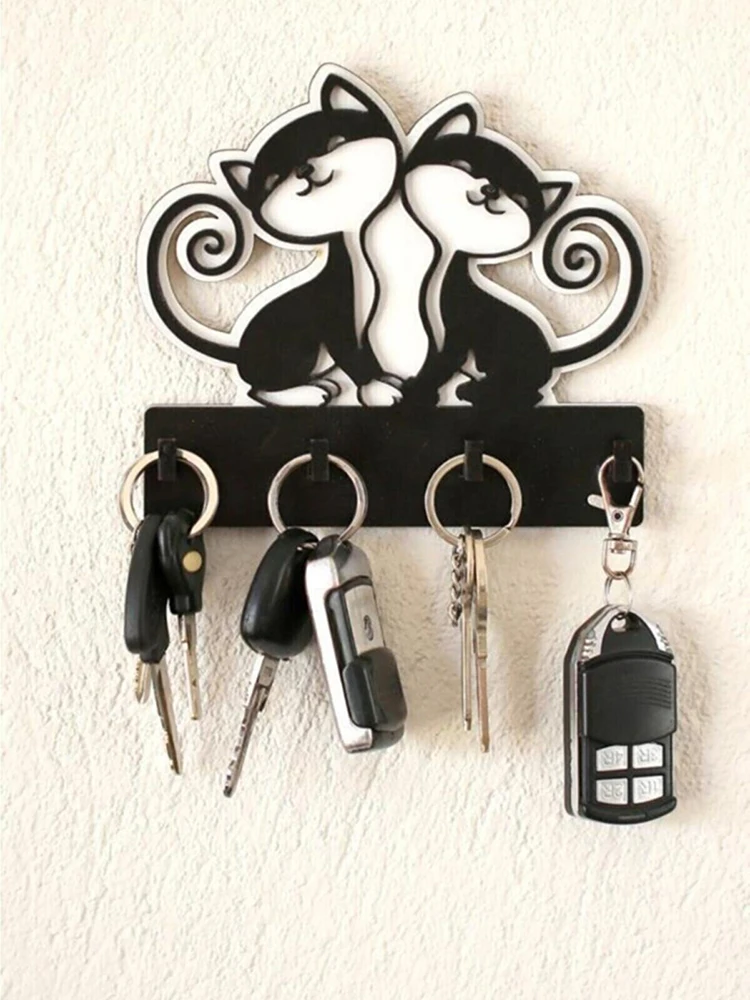 Cute Cats Home Wall Mounted Wood Key Holder 4 Hooks Organizer for Keys Hanging Rack Sweet Decorative House Furnishings