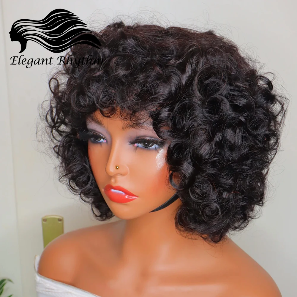 

Short Curly Human Hair Wigs for Black Women Pixie Cut Wig With Bangs Brazilian Virgin Human Hair Rose Curly Full Made Wigs