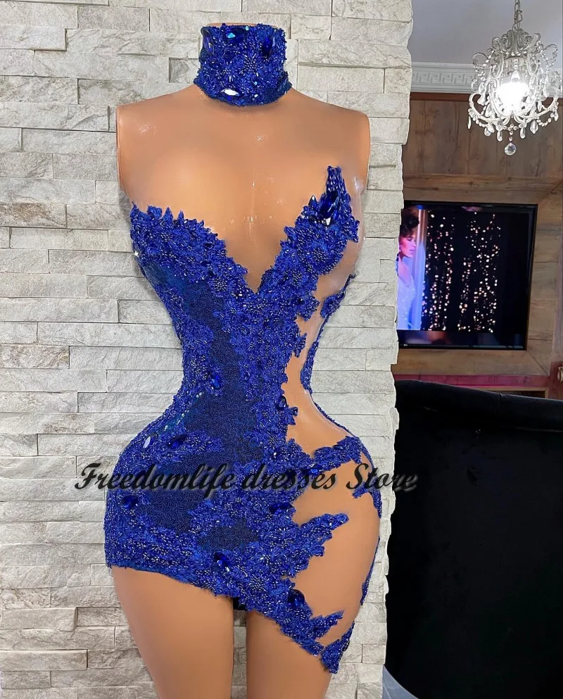 Sexy Royal Blue Short Party Dress For Women Lace Beaded Sequin Evening Dresses African Black Girls Birthday Prom Wear Customized