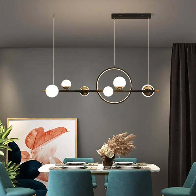 Circle LED Pendant Lamp Dining Live Room Kitchen Island Milky White Glass Ball Chandelier Paint Black Gold Ring Light Fixture