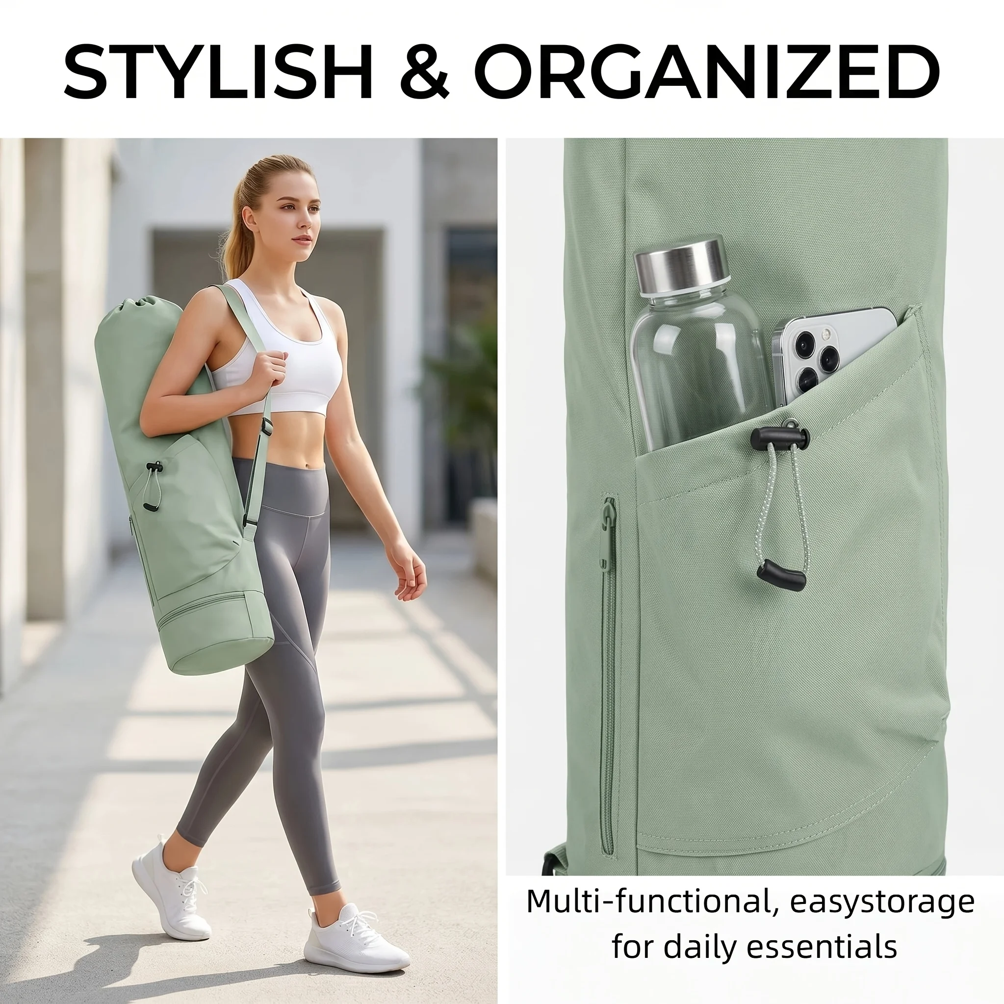 Yoga mat bag with strap, water bottle pocket, bottom pocket, and multifunctional storage bag for sports use.