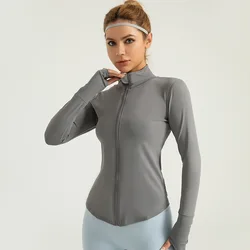 Chaquetas para el pulgar para mujer, Top deportivo de manga larga para Yoga, traje de Yoga con cuello levantado para gimnasio, ropa deportiva ajustada para correr a prueba de viento y secado rápido