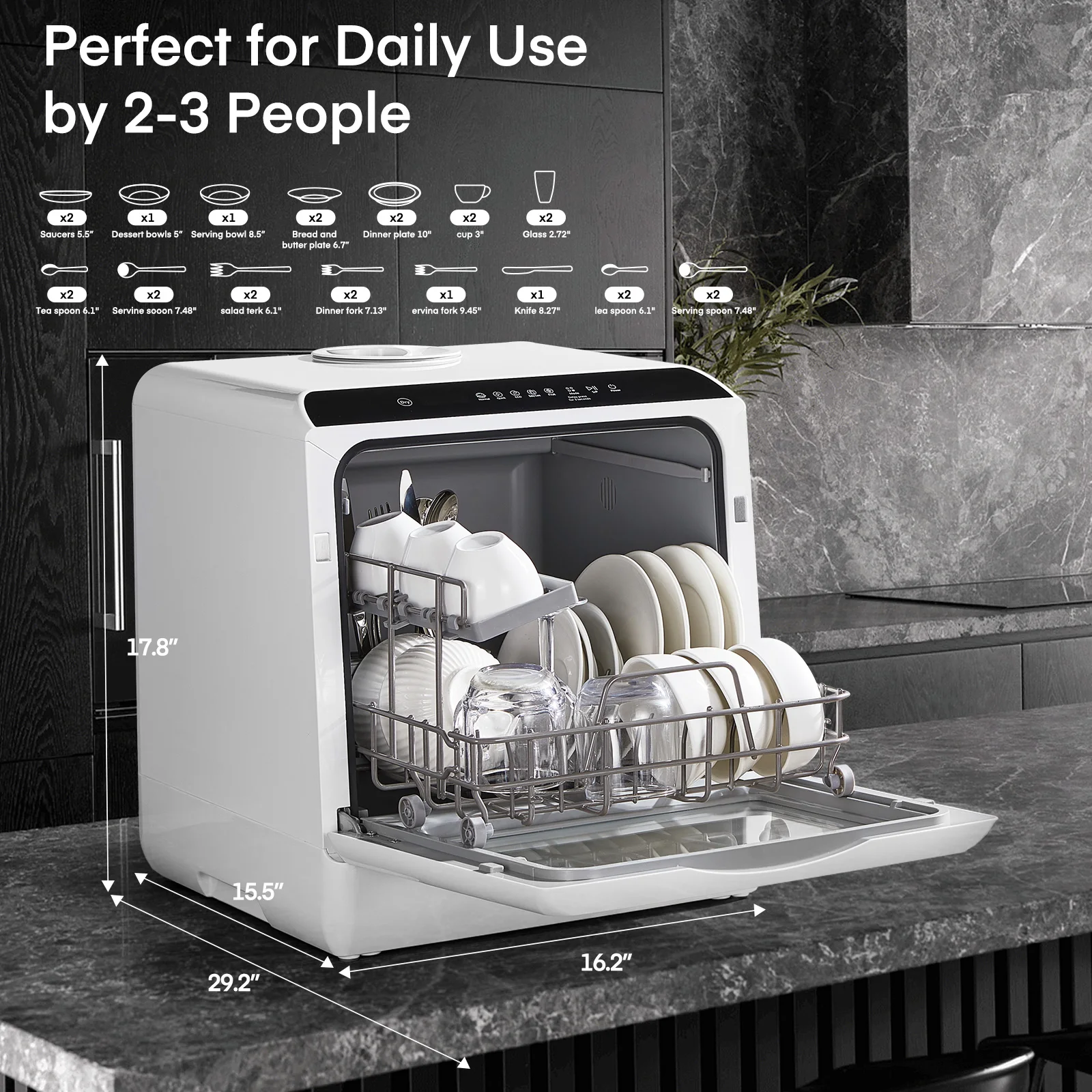 Compact Intelligent Countertop Dishwasher, 6 Programs, 2-in-1 Water Connection, Led Display, 3D 360 °   Double Spray with Built-In 5L Water Tank Suitable for Homes, Apartments, and Rvs