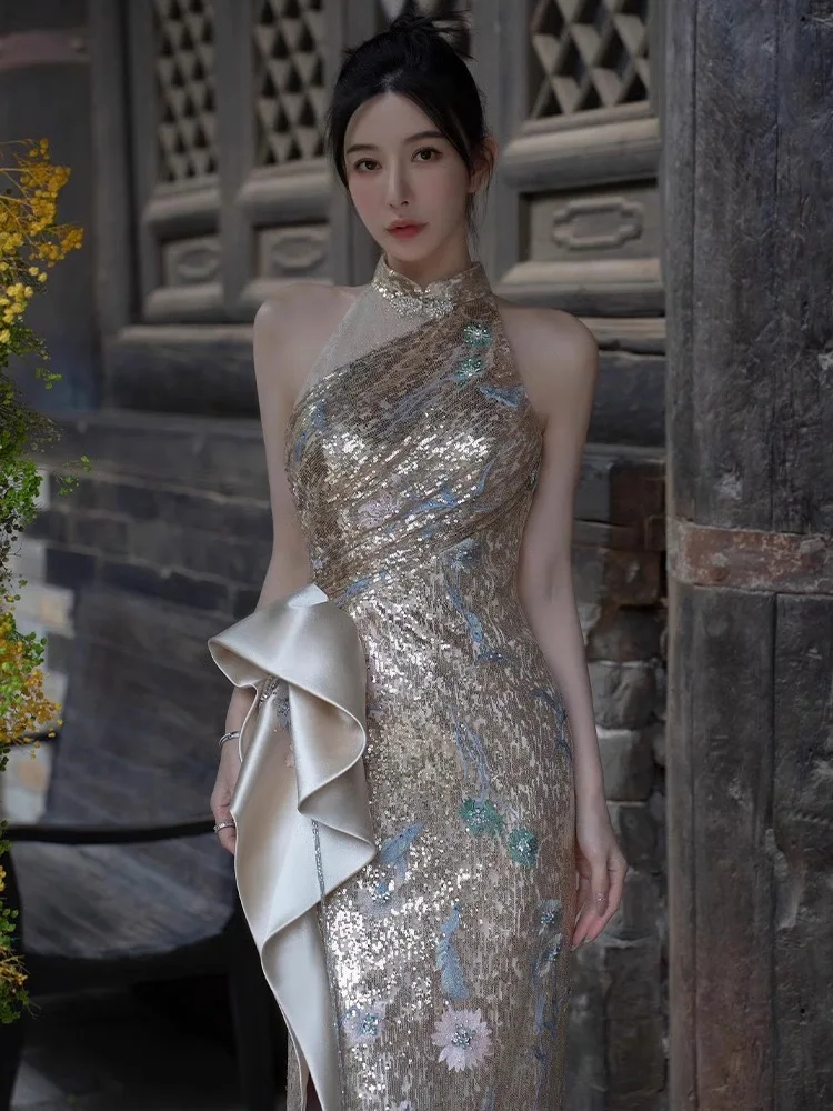 Evening dress for women, gold sequined fishtail dress, petite bride, engagement banquet toast dress