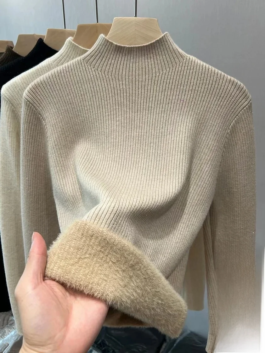 Sweter zimowy z golfem damski elegancki zagęszczony aksamitny podszewka ciepły sweter z dzianiny Sueter wąskie topy Jersey dzianina sweter nowość — zdjęcie 2