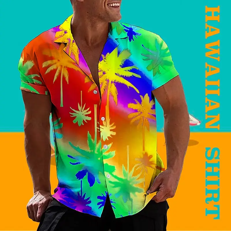 Men\'s shirt Hawaiian shirt gradient coconut pattern print rainbow casual short sleeved button clothing tropical fashion soft