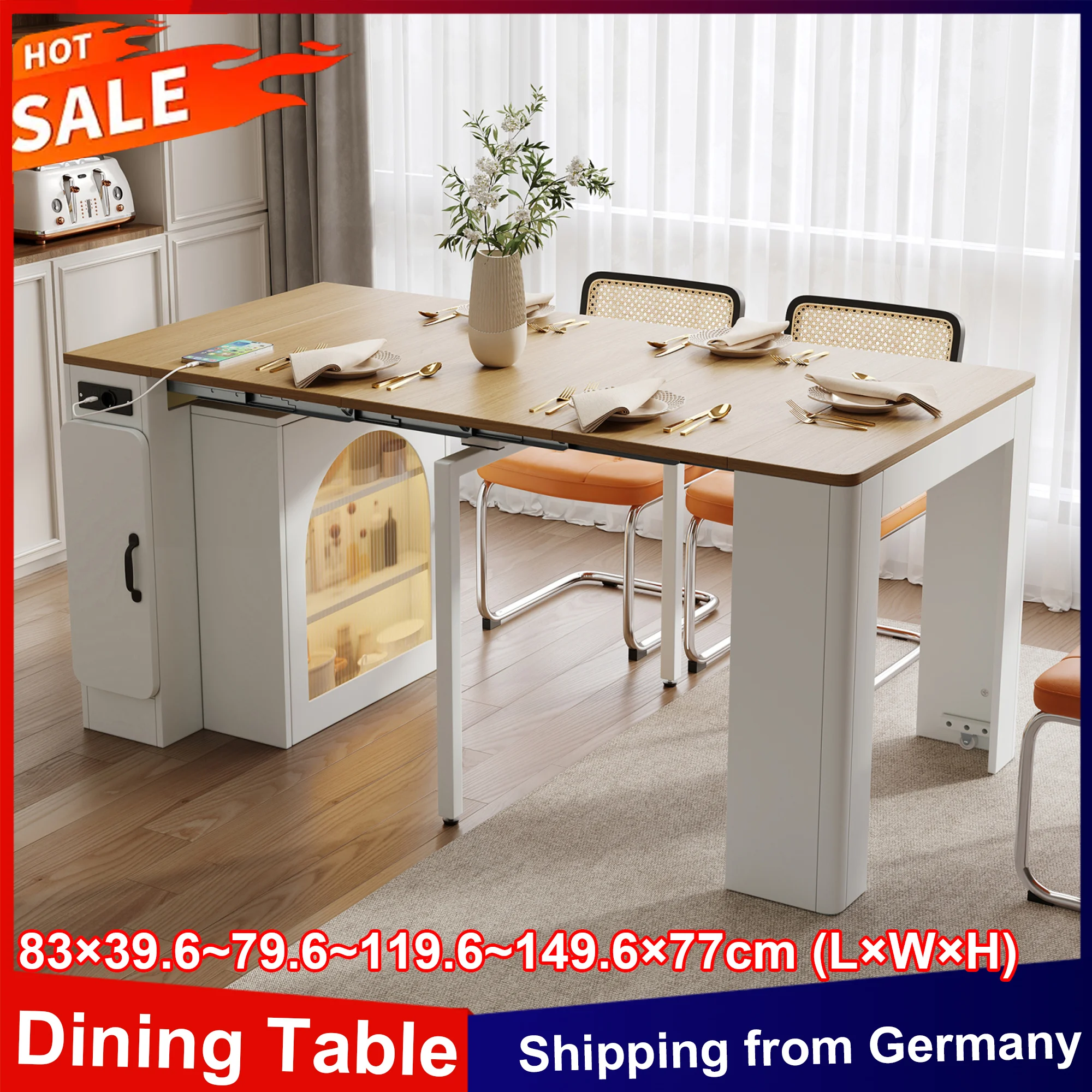 Anajqaqia Isla de cocina con ruedas, mesa de comedor extensible con tablero extraíble, gabinete de puf, con reglas eléctricas, tablero lateral