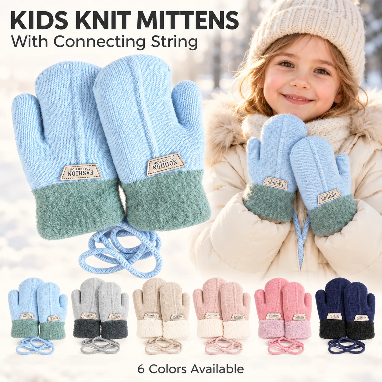 1PC Kids Winter Knit Mittens Warm Gloves with Connecting String Soft Plush Cuff for Boys Girls Outdoor Cold Weather
