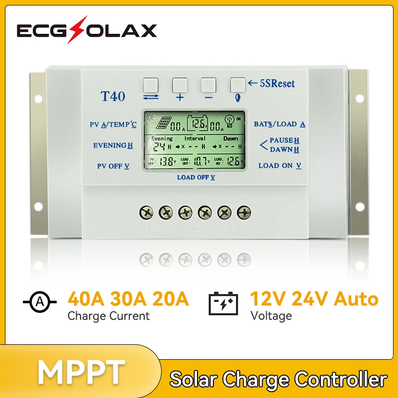 ECGSOLAX MPPT 20A 30A 40A  Solar Charge Controller 12V 24V AUTO LCD Display Regulator For Lighting System Solar Panel Battery