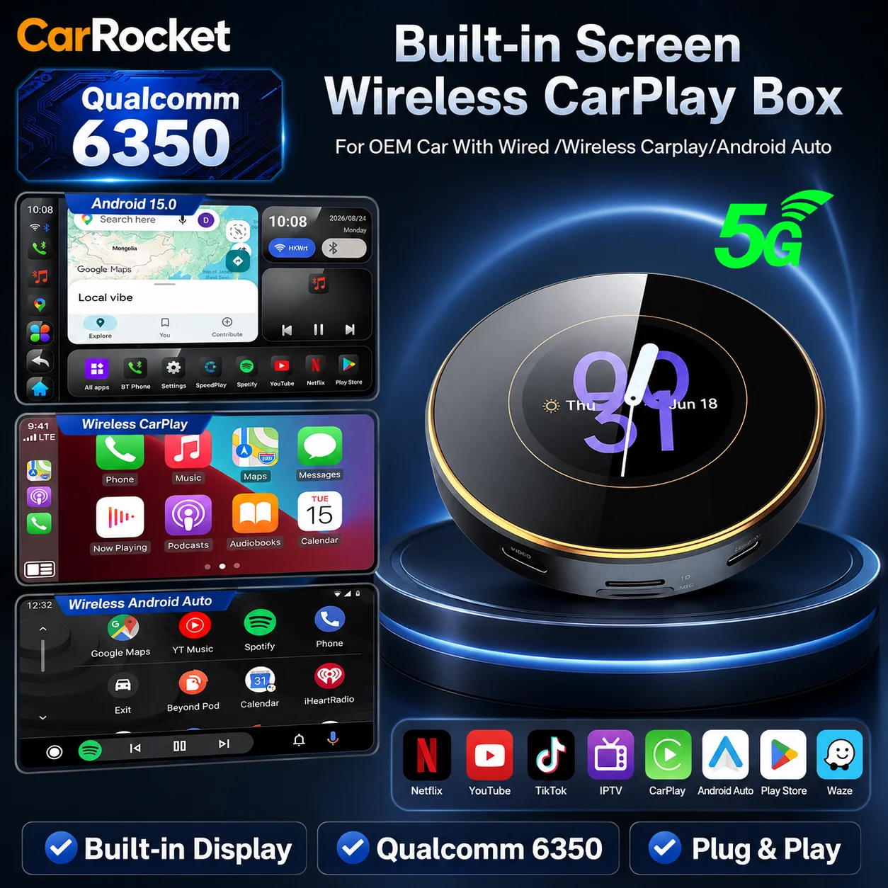 CarRocket Android 15.0 CarPlay AI Box 8GB 128GB Qualcomm 6350 8Core Multimedia Video Box 5G Lite,Wireless CarPlay & Android Auto