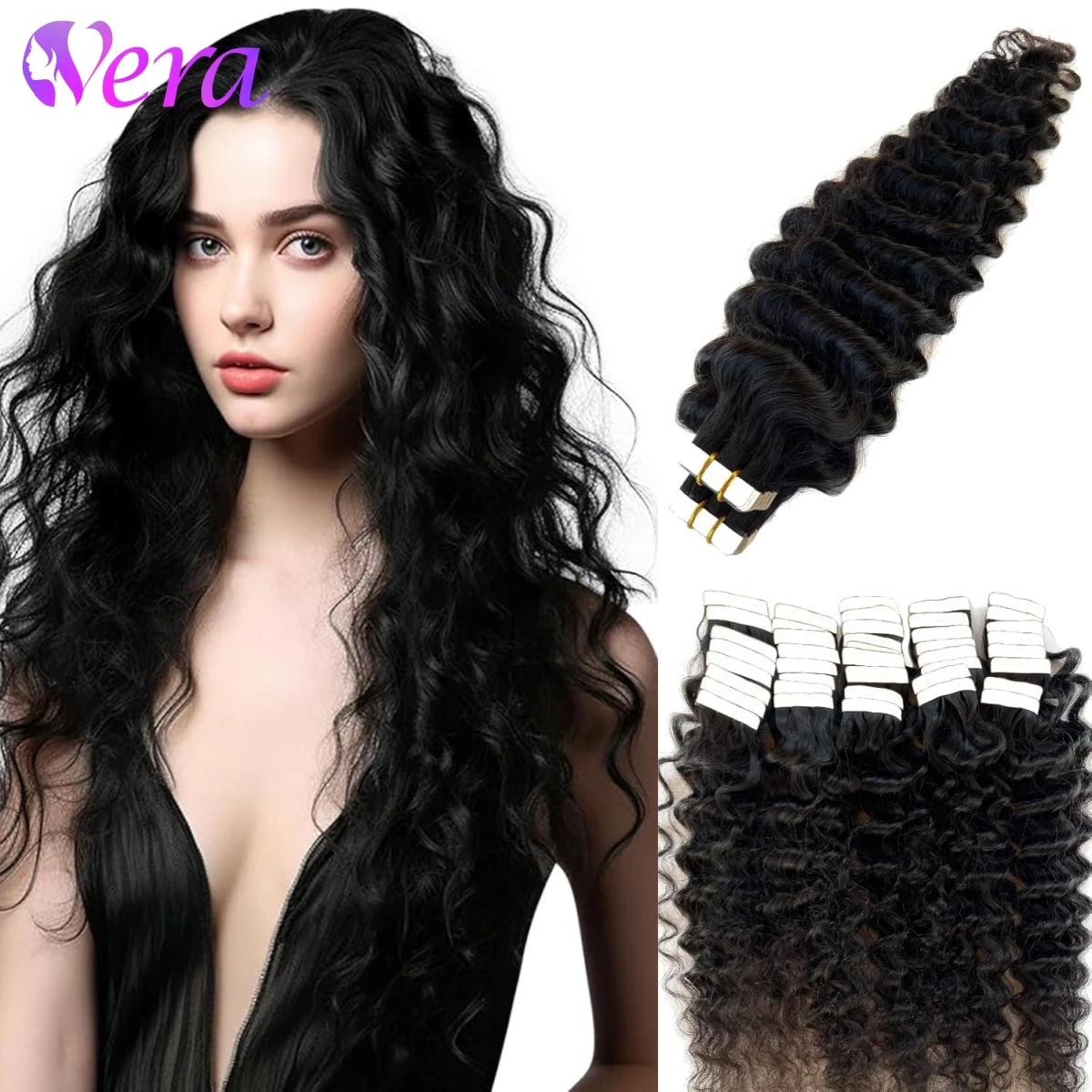 Deep Wave Tape Extensions, 100% cabelo remy humano real, trama de pele encaracolada, cola adesiva na qualidade do salão, cor natural