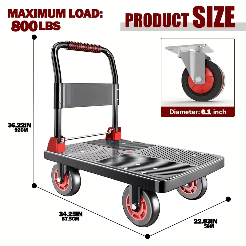 Silent Folding Trolley,Pull Goods Trolley,Portable Four-Wheel Silent Shopping Trolley,Handling Flatbed Truck,Warehouse Trailer,Flat Hand Cart Max Load Capacity 800 Lbs,