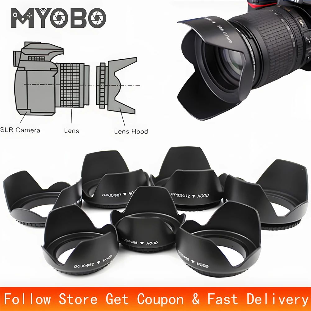 MYOBO 카메라 렌즈 후드-49 52 58 55 62 67 72 77 82mm Canon Nikon Sony DSLR SLR 카메라 Lente Protector Shade