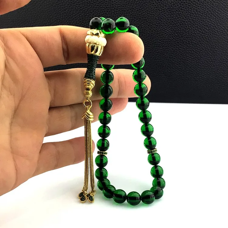 Special Design Tasseled Zircon Stone Green Fire Amber Rosary 925 Sterling Silver 33 Beads For Men Rosary Turkish Style Bracelet