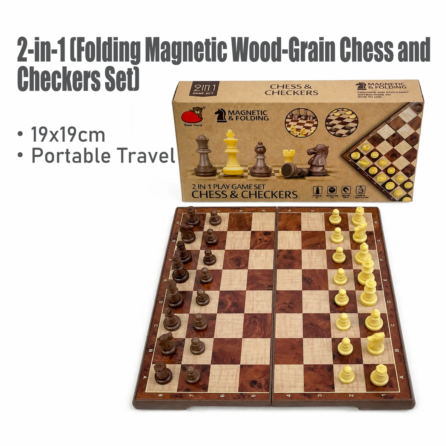 Jeu d'échecs et de dames magnétique pliable 2-en-1 en bois grainé 19x19cm – Jeu de société portable, jouet éducatif de voyage, cadeau
