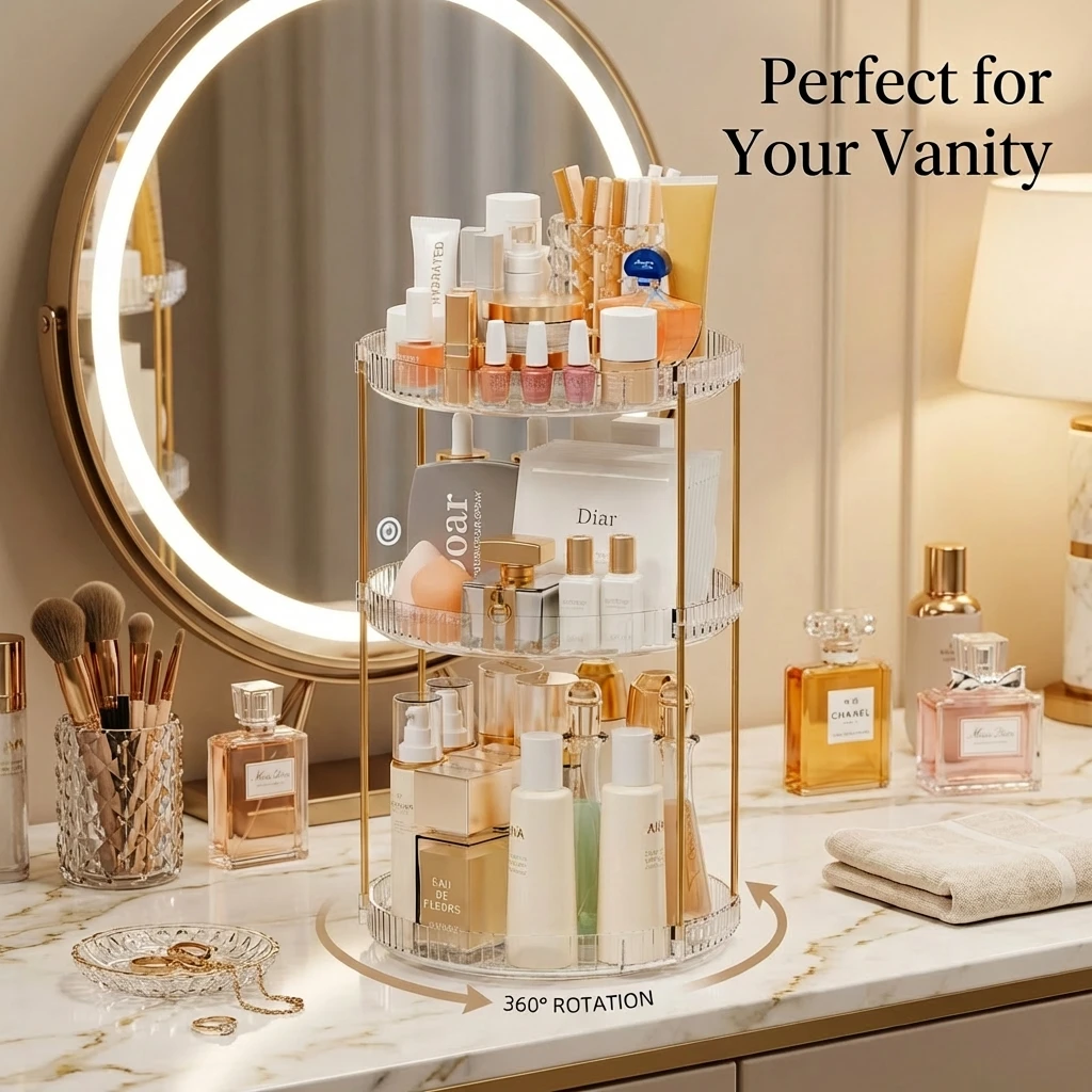 360° Rotating Cosmetic Organizer Rack Multi-layer Transparent Pattern Cosmetic Rack Bathroom Storage Cosmetic Vanity Organizer