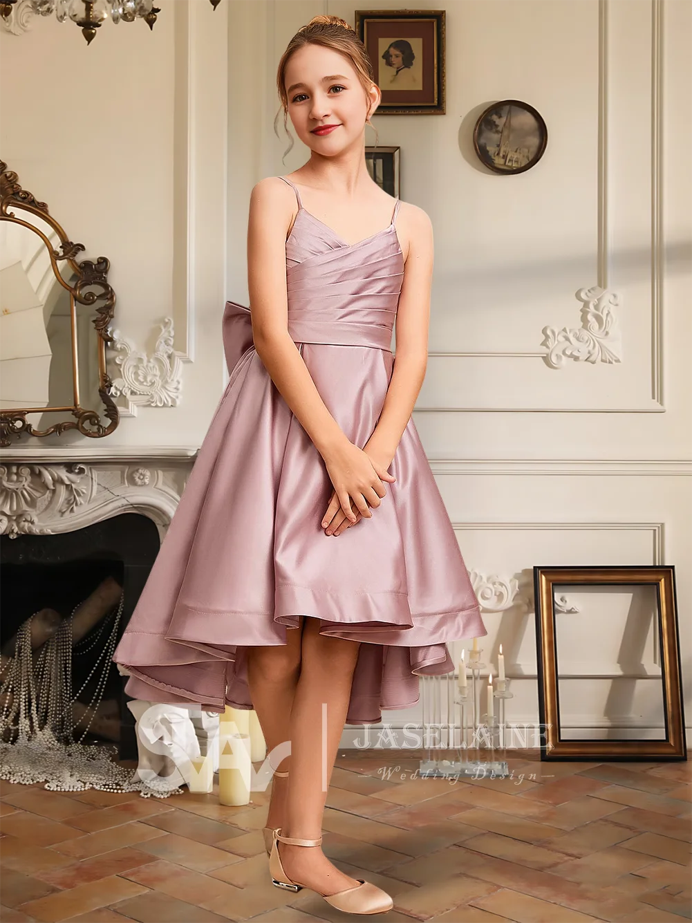 Elegant A-Line V-Neck Asymmetrical Satin Junior Bridesmaid Dress Bow Flower Girl Dress Girls Party Wedding Formal Occasion
