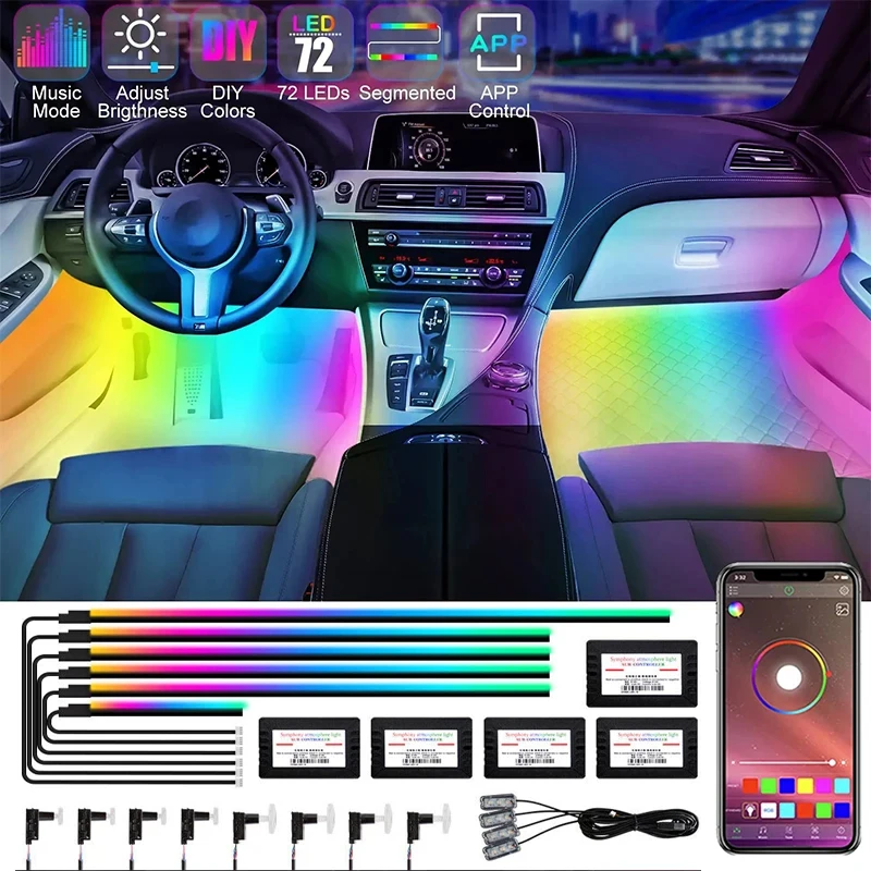 22 In1 Full Universal Symphony Car LED Ambient Lights Decoration Atmosphere Lamp RGB 64 Colorful Streamer Rainbow App Control