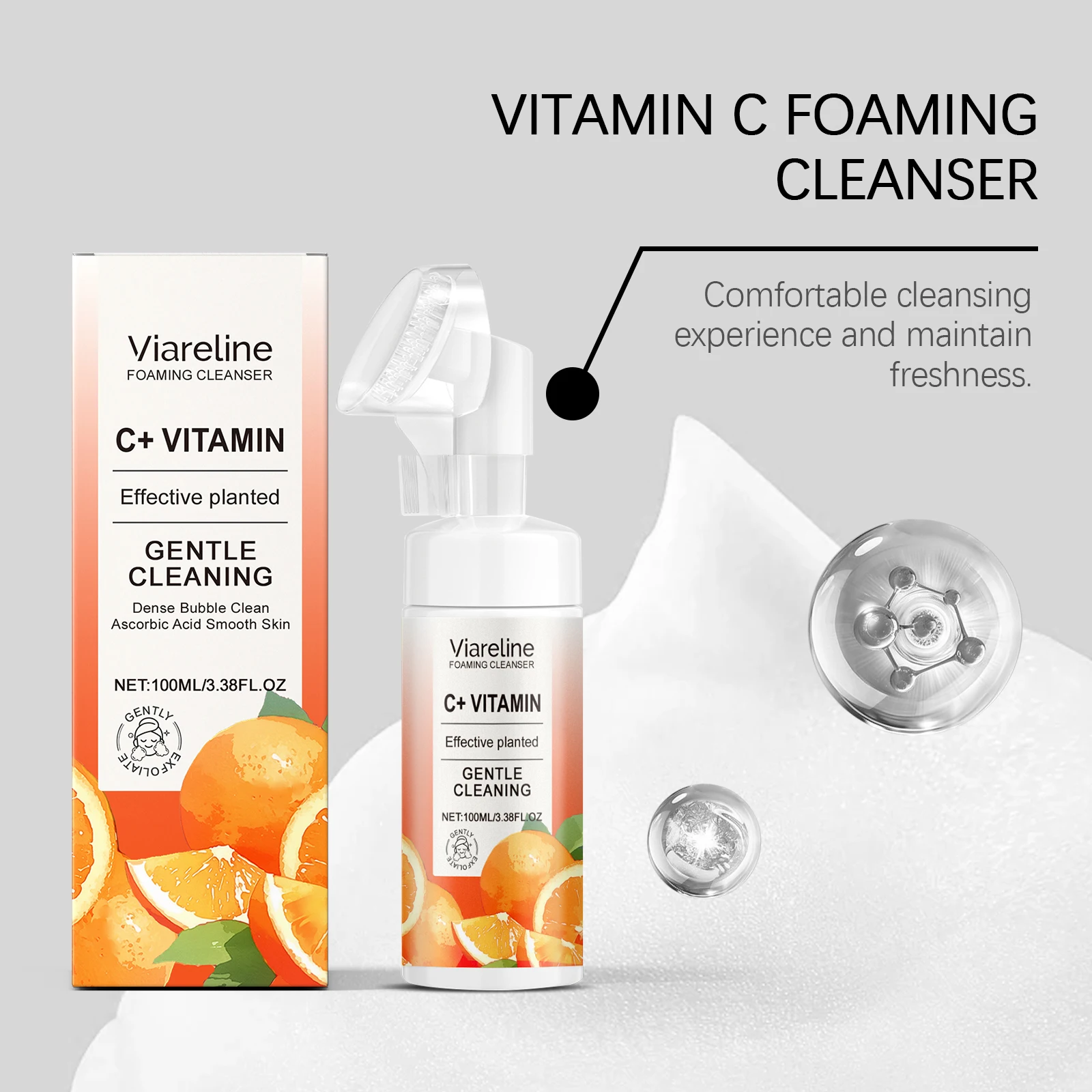 Viareline فيتامين C منظف الوجه فقاعة غنية إزالة الأوساخ المسام ترطيب لا ضيق تعزيز النعومة منظف الوجه مع فرشاة