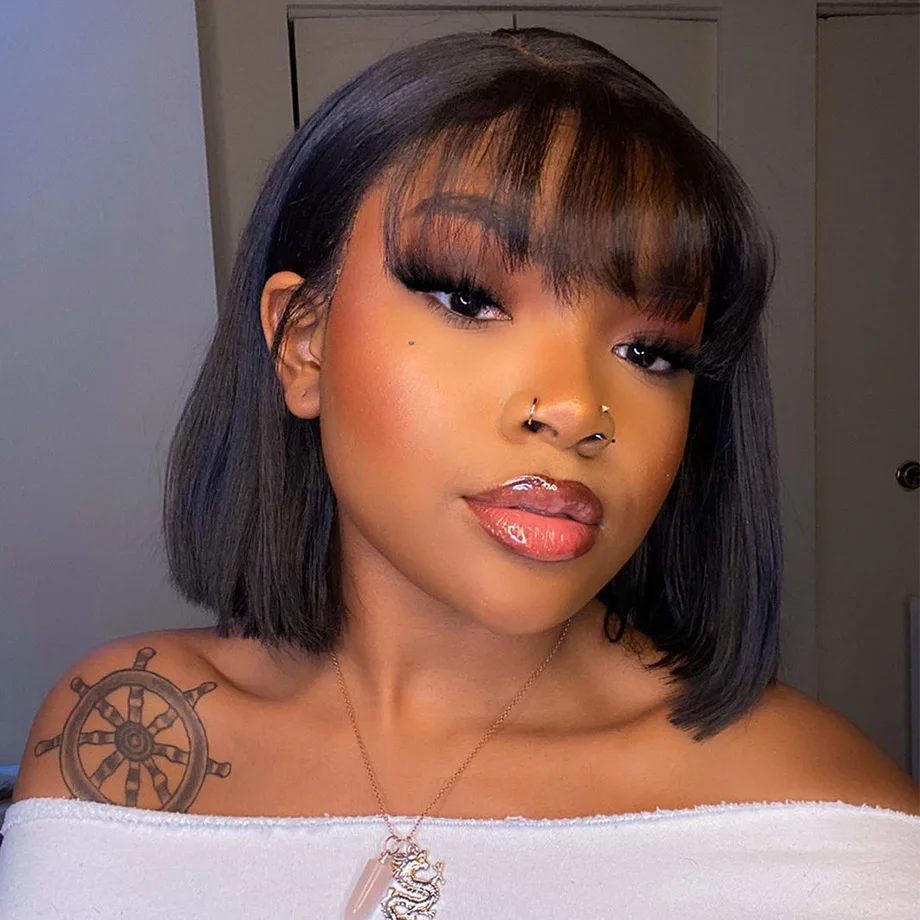 Straight Short Bob Wig With Bangs 3X1 HD Lace Realistic Scalp Glueless Bob Wig With Bangs Brazilian Human Hair Wigs For Women