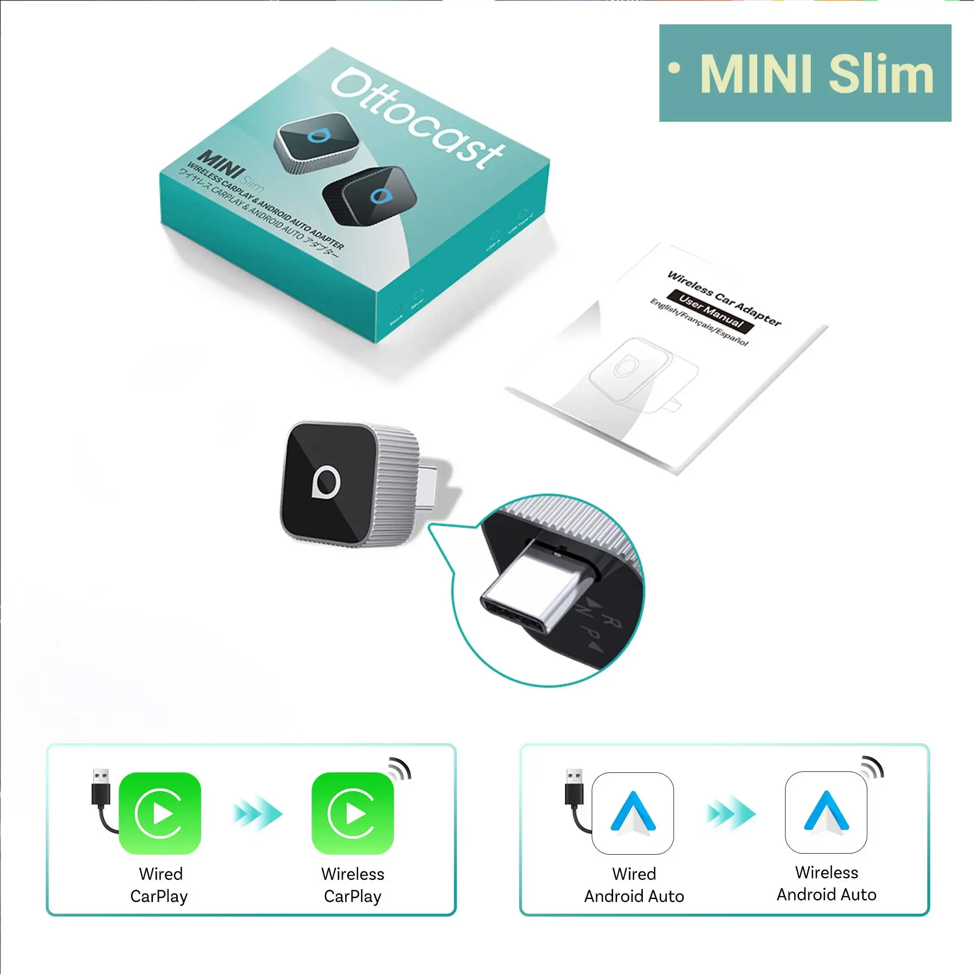 OTTOCAST Mini Slim Cube Draadloze CarPlay Android Auto Adapter 2 in 1 USB AI Auto Accessoires voor VW Haval Audi Kia Porsche Lexus