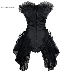 Charmian Burlesque Corset Fantasy Women Sexy Gothic Floral Lace Plus Size Strapless Lace Up Corset with Skirt Bustier Lingerie