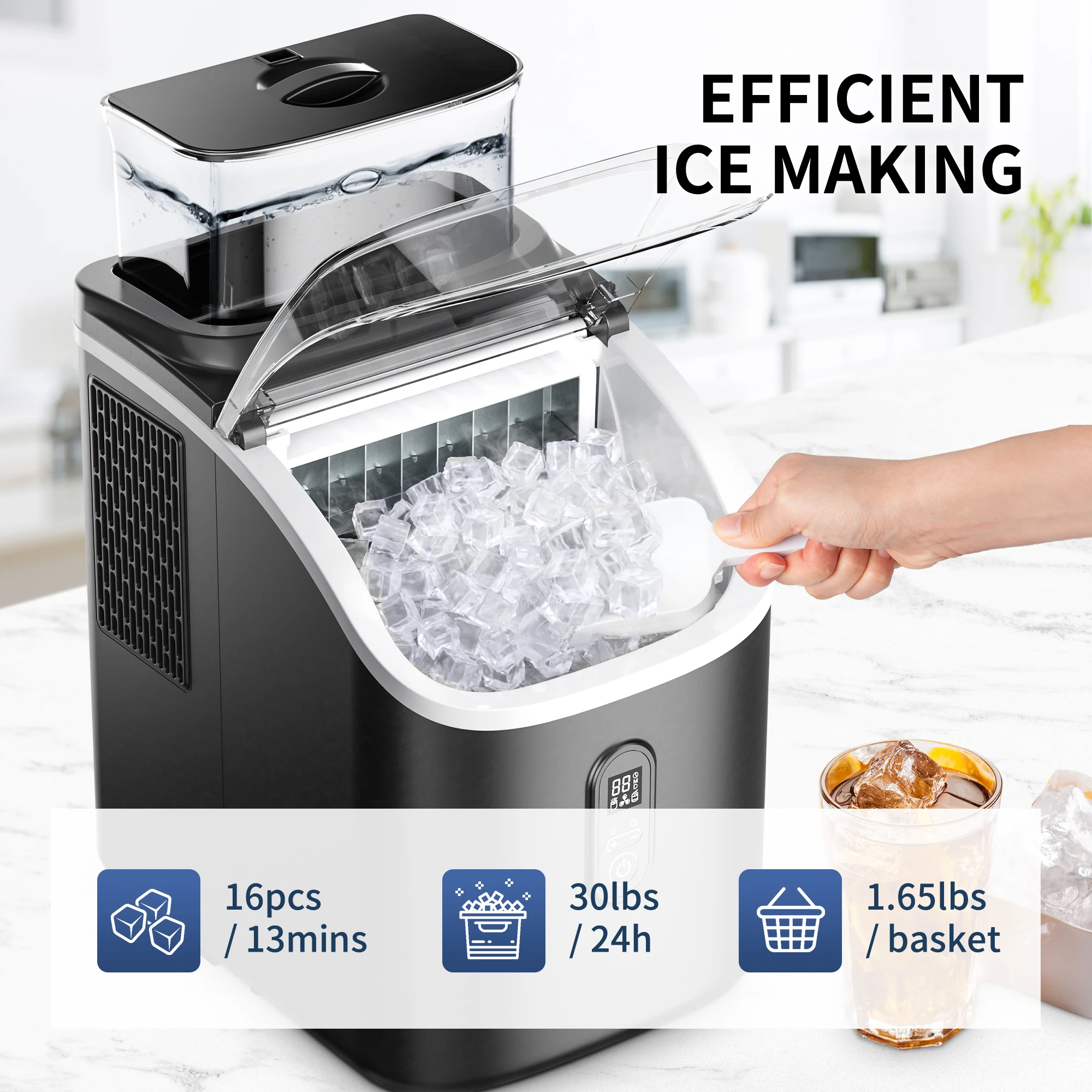 ICEGLEE Macchina per cubetti di ghiaccio con serbatoio dell'acqua esterno da 34 libbre, 16 pezzi pronti in 13 minuti, 2 modi per aggiungere acqua per la cucina domestica, l'ufficio