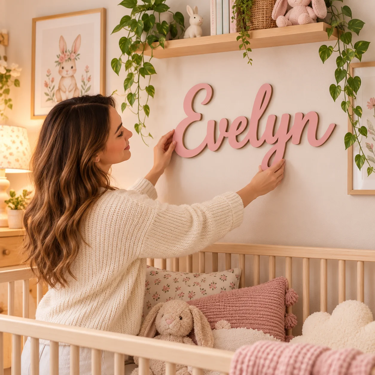 Custom Wooden Name Sign Personalized Single Layer Script Wall Decor for Nursery Kids Room Bedroom Home Decoration