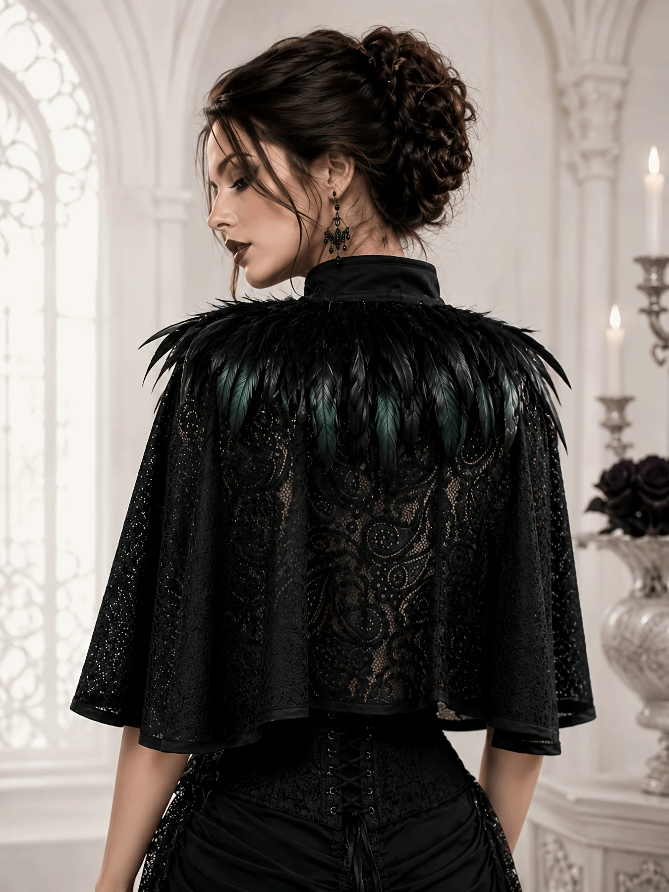 CLOUDY.LEE Women Gothic Lace Capelet Black Victorian Short Cape Shawl Tie Front Vintage Steampunk Halloween Costume Cover Up