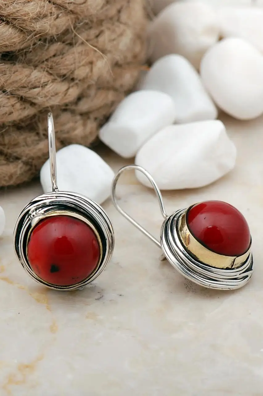 

Handmade 925 Real Silver Wire Wrap Dangle Earrings Natural Coral Stone Drop Earrings Jewelry Gift for Her for Women