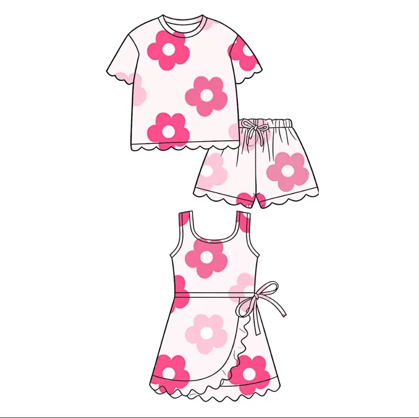 Boutique children's set matching sister style girls two-piece set flowers and bow print girl bow decoration dress and set