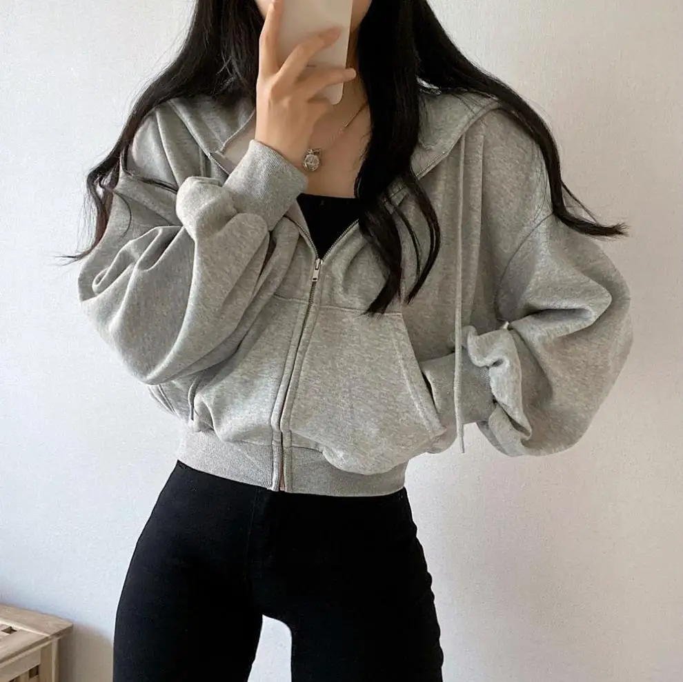 Women Solid Y2K Hooded Sweatshirts Zip Up 2024 Autumn Harajuku Streetwear Short Jacket Coat Long Sleeve Casual Female Hoodies