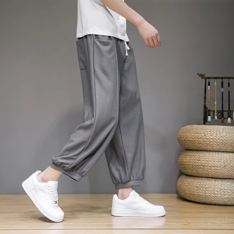 High Quality Waffle Ice Silk Pants for Men Big Size 5XL Summer Cool Ankle-Length Pants Japanese Trendy Loose Wide Leg Pants