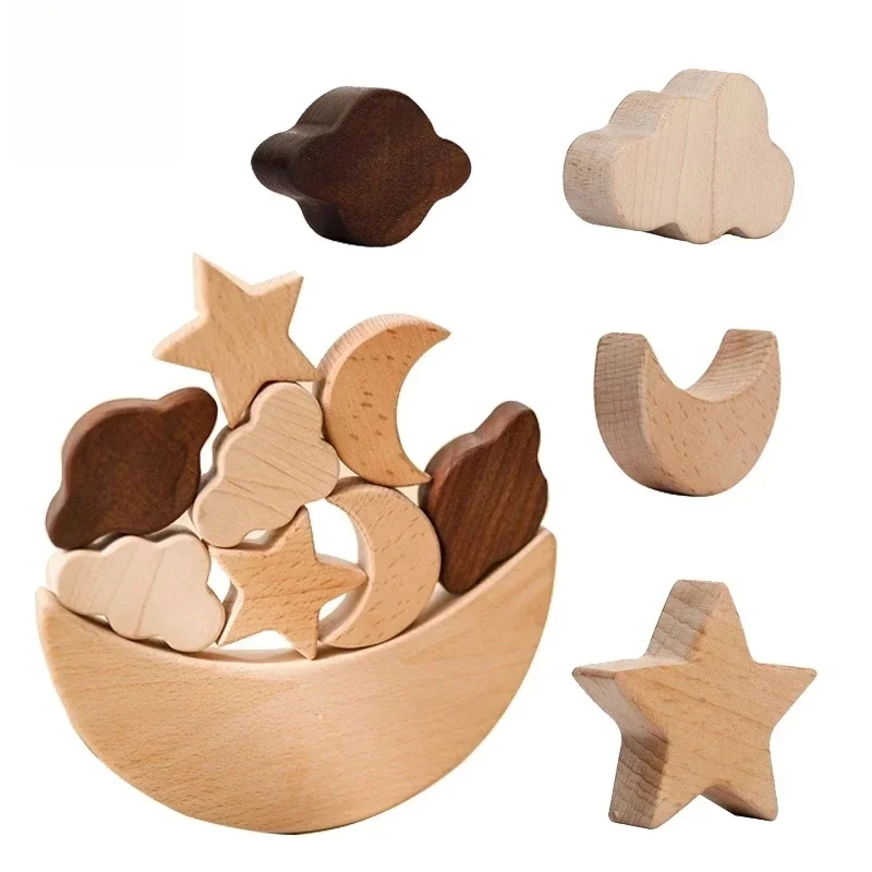 Jouets en bois Montessori pour bébés, Star moon style bloc d’équilibre, jeux de société éducatifs pour enfants, constructeur de blocs hauts empilables, Pierre empilée en bois, Baby main coordination