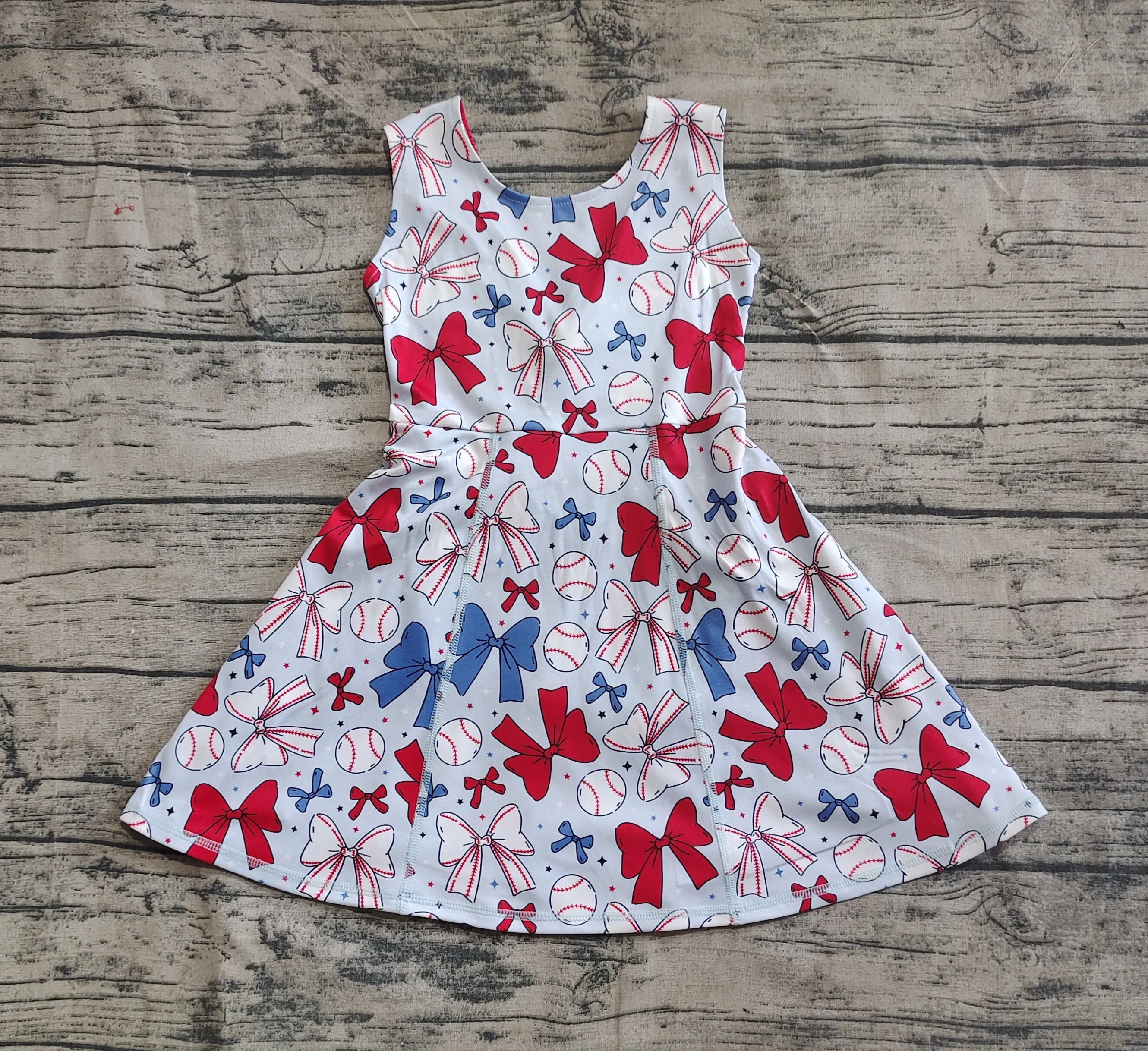 

3.19 GSD2150 Kids Girls Clothes Sleeveless Bows Print Dress Have Under Shorts Children Boutique Clothing