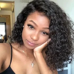 Peruca de cabelo humano curto curly bob para mulheres negras, pré arrancada, onda profunda transparente, renda frontal, parte livre, brasileira