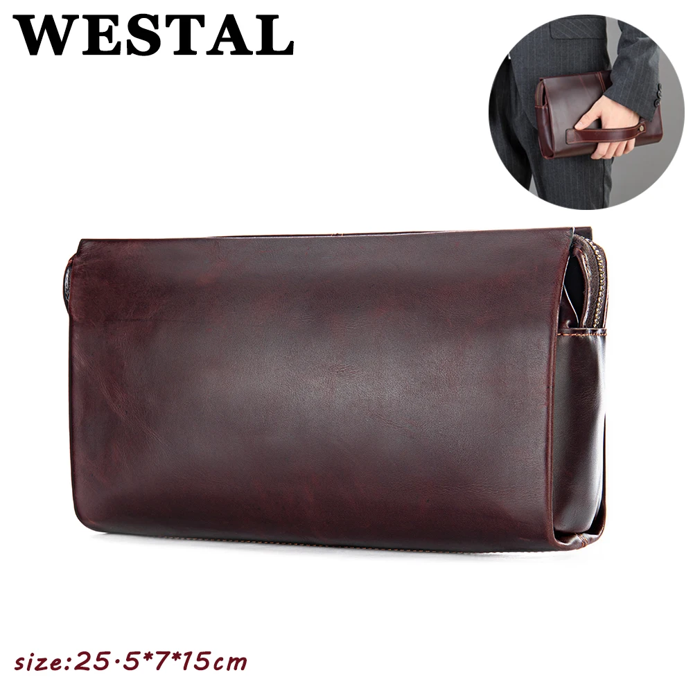 WESTAL-cartera de bolso de mano de cuero auténtico para hombre, bolso de mano con cierre antirrobo, de negocios, a la moda, 2022, 3013