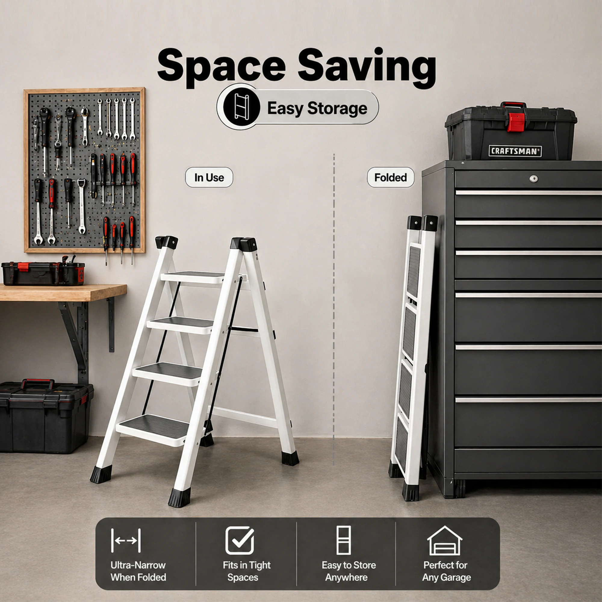 Scala a 4 gradini, pieghevole, a forma di A, in acciaio, con gradini larghi antiscivolo, barra di sicurezza con sistema di blocco, 5 cm di spessore, pieghevole, compatta, salvaspazio, scala per uso