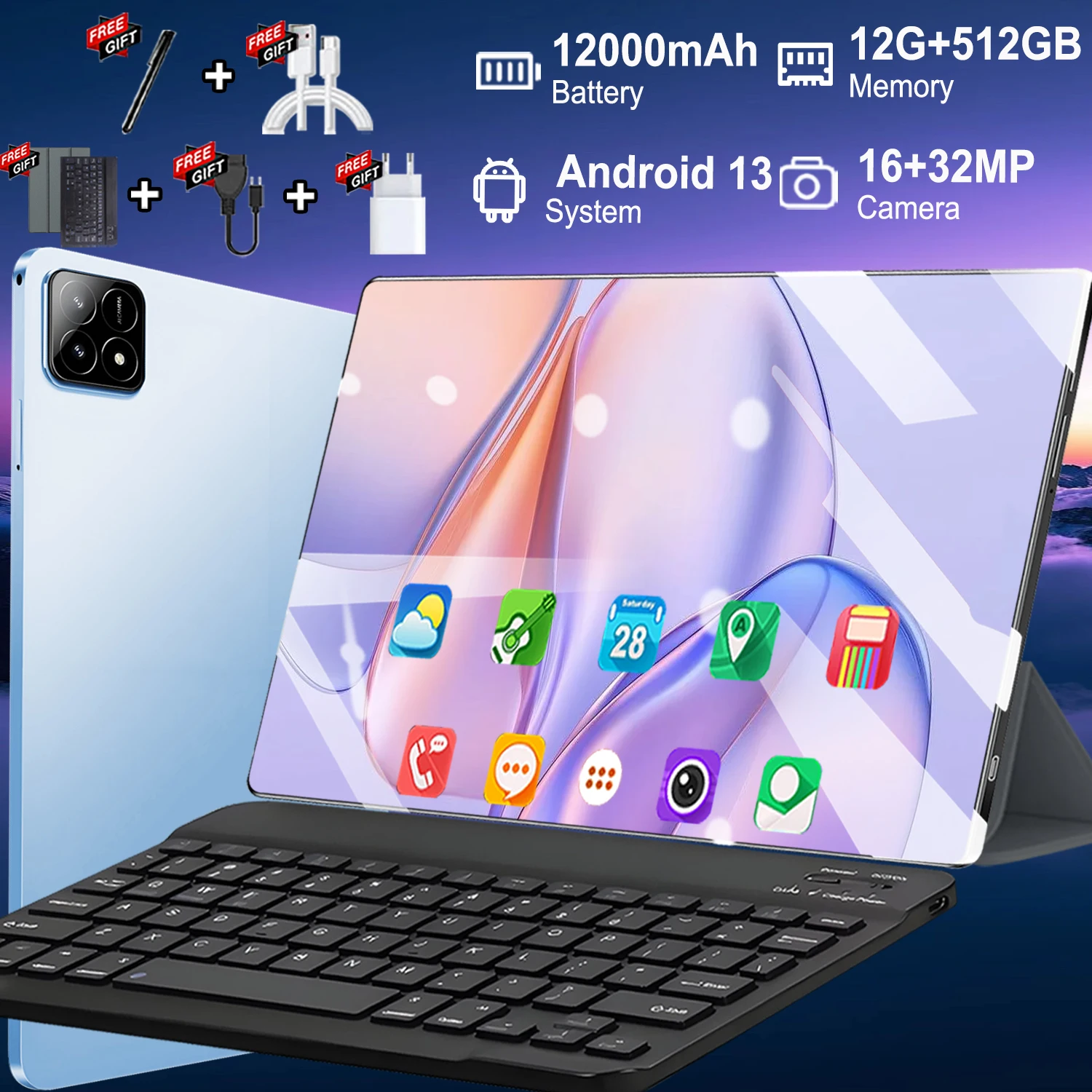 Tablet Android 13 Premium de 10 Pulgadas HD 2026 con Procesador de 10 Núcleos, 12GB de RAM, 12000mAh de Batería de Larga Duración, 5G Dual SIM, Cámara Frontal de 16MP y Trasera de 32MP, Ideal para Viajes, Hogar, Oficina y Escuela