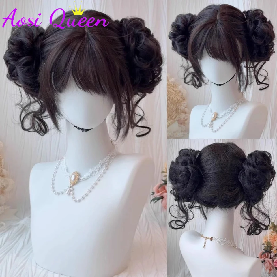 Short Straight Hair Claw Clip Double Ball Bun with Bangs Synthetic Wig Suitable for Women Daily Role Playing Heat Resistant
