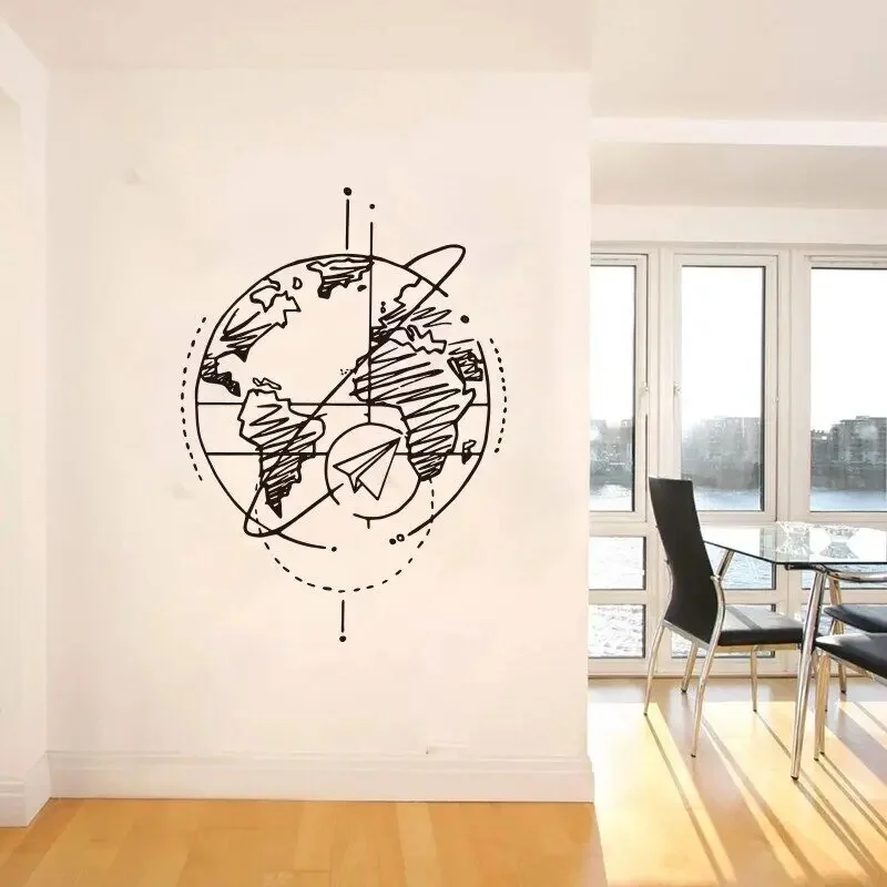 Duży rysunek ziemi i papieru samolot na ścianę naklejki biurowe w klasie ziemi mapa świata na świecie naklejka ścienna do sypialni dzieci pokój winylowy Deco — zdjęcie 2