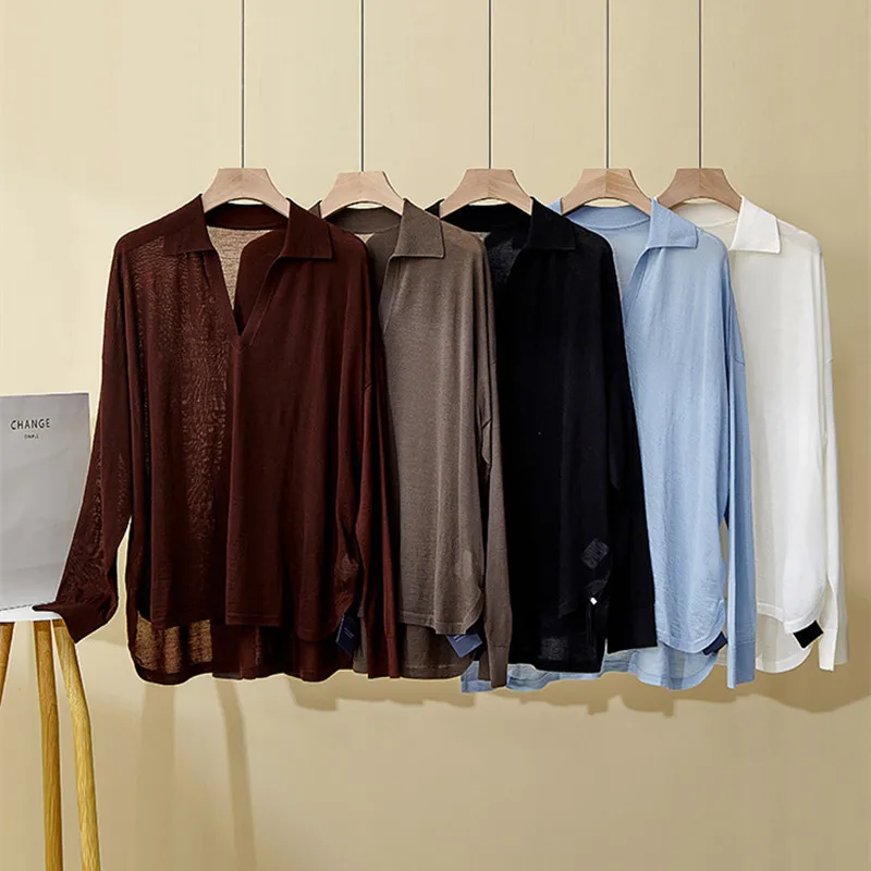 Damen Frühling/Sommer Neue Wolle Top Vorne Kurz Hinten Lange Gestrickte Langarm Pullover