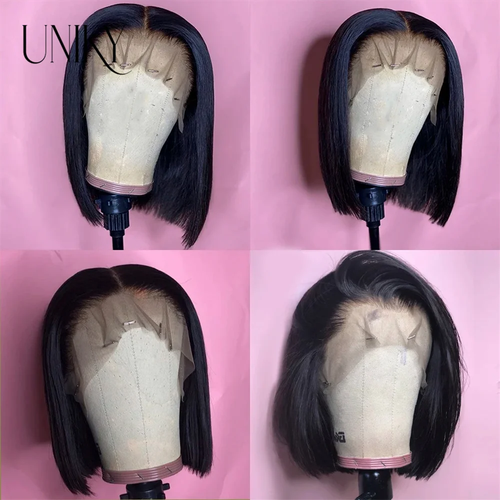 Peluca de cabello humano con malla Frontal para mujeres negras, pelo recto con cierre Frontal, transparente, sin pegamento, Hd 13x4, 10, 12 y 14 pulgadas