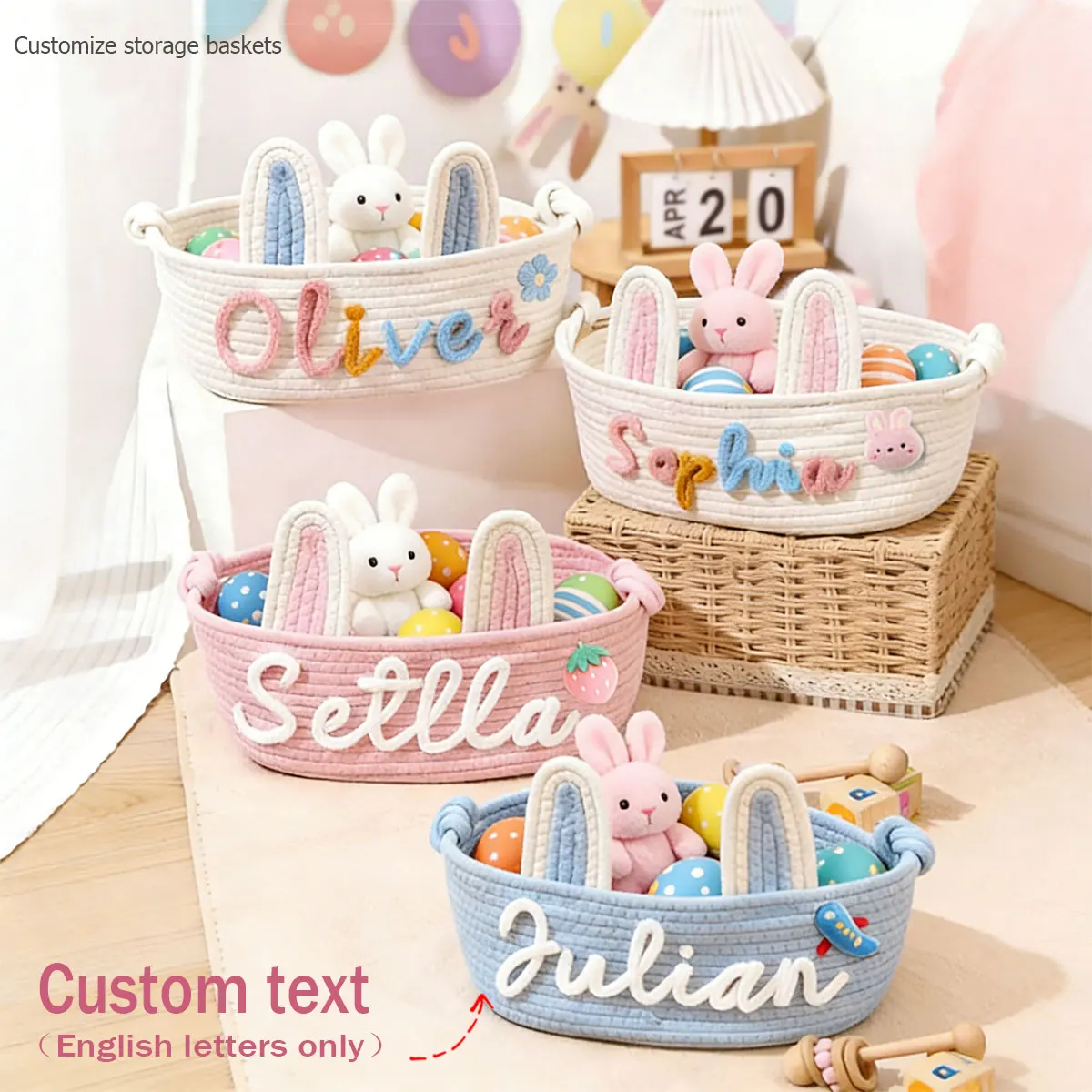 1pc personalized handmade oval storage basket, bunny ear gift basket/decorative basket, home decor item, Easter gift.