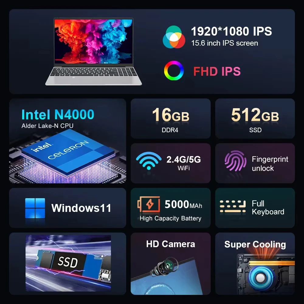 Xiaman 15.6 "Ultra Sottile Computer Portatile Windows 11 PC Portatile 16 GB di RAM 1 TB 2 TB SSD Intel Celeron N4000 HD Ufficio Studio Notebook