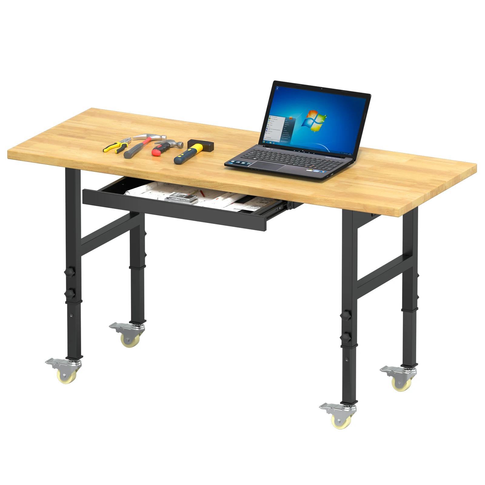 

Kieperi 60“ Rubberwood Work Bench Work Table with Wheels, Heavy Duty Adjustable Workbench with Power Outlet