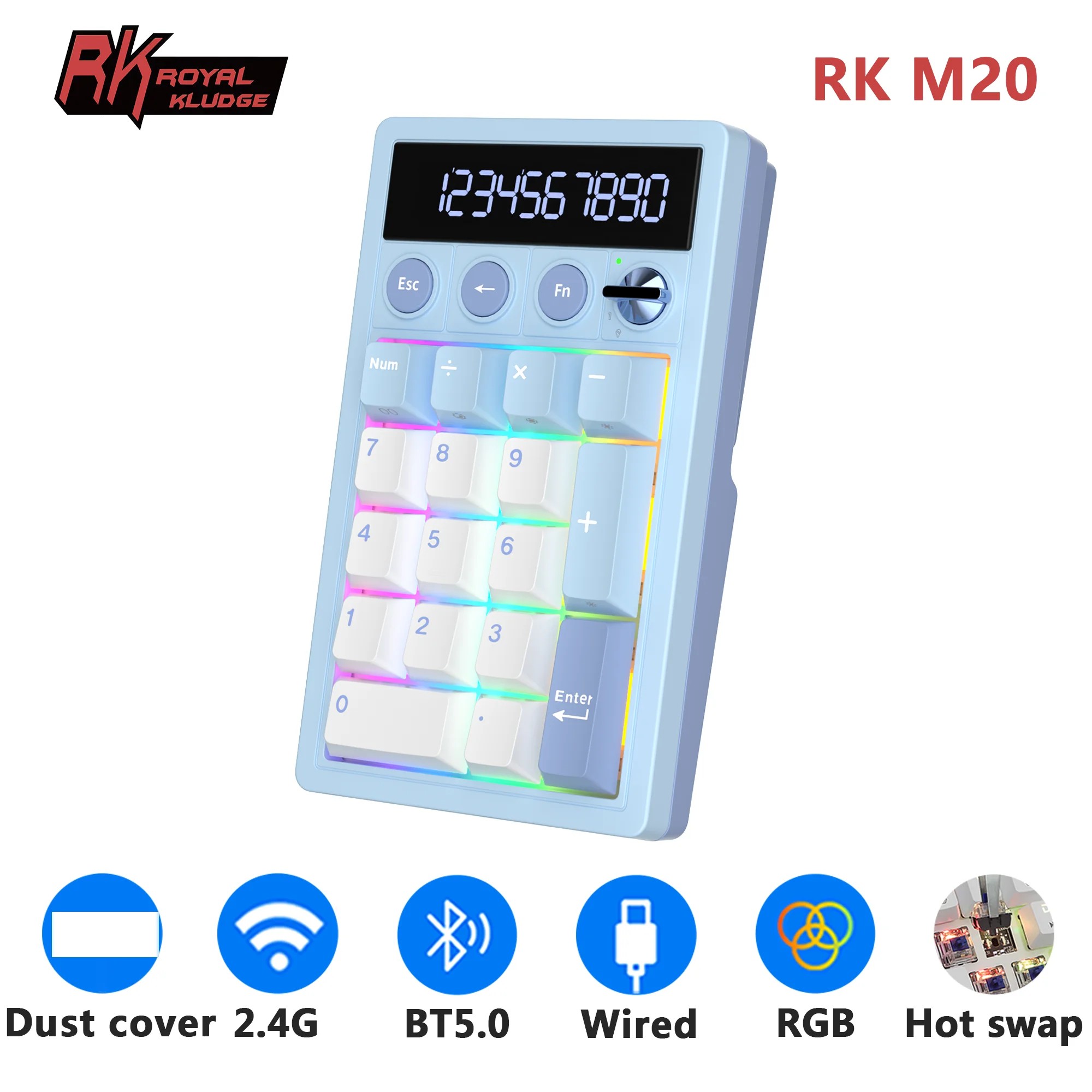 RK ROYAL KLUDGE M20 2.4G Wireless Numpad Keyboard Tri-Mode 17 Keys RGB Hot-Swappable Gasket Knob Calculator Keyboard PBT Keycap