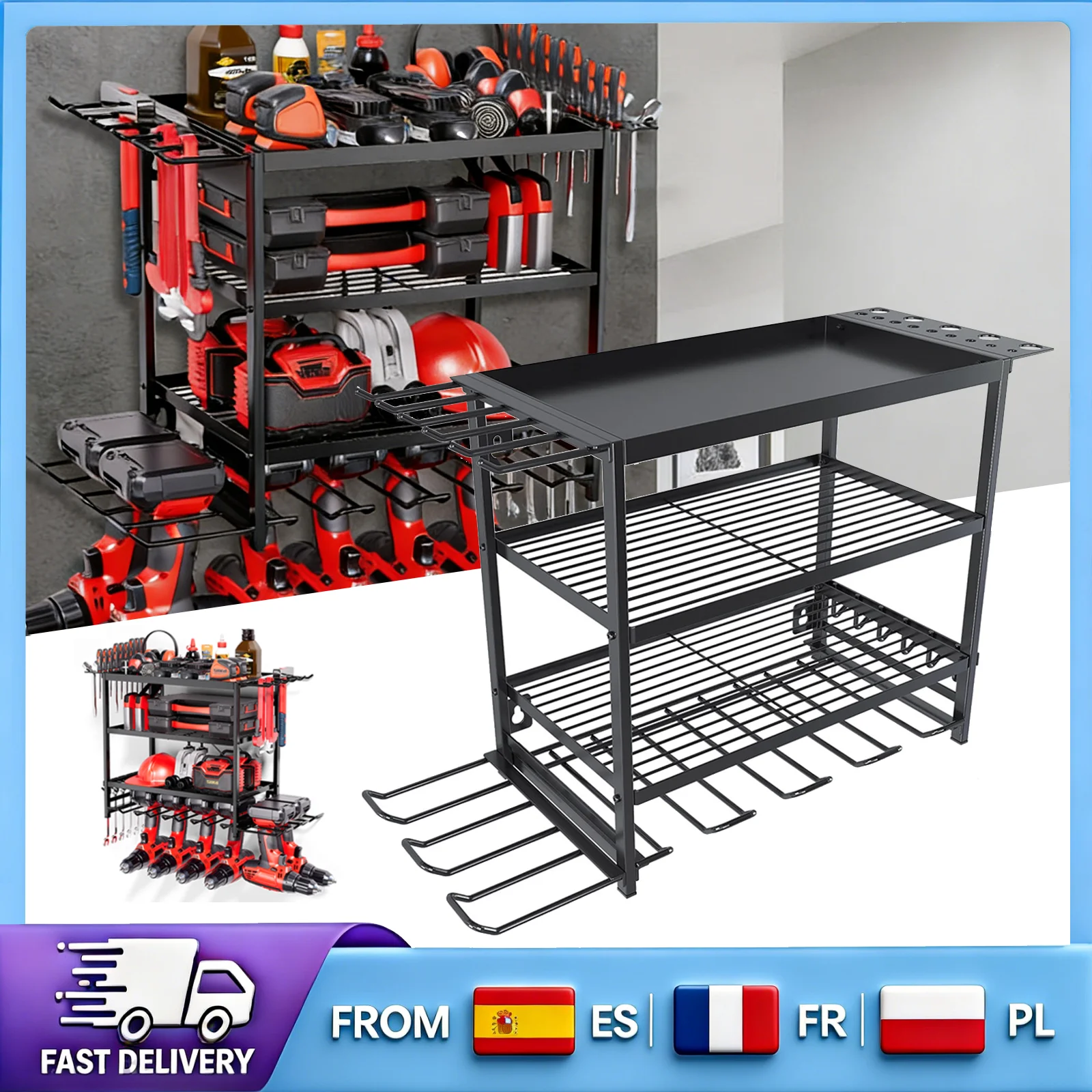 Organizzatore da Parete per Utensili Elettrici, Scaffale in Metallo Resistente per Garage con Pannello Forato e Porta Martelli, Massimizza lo Spazio a