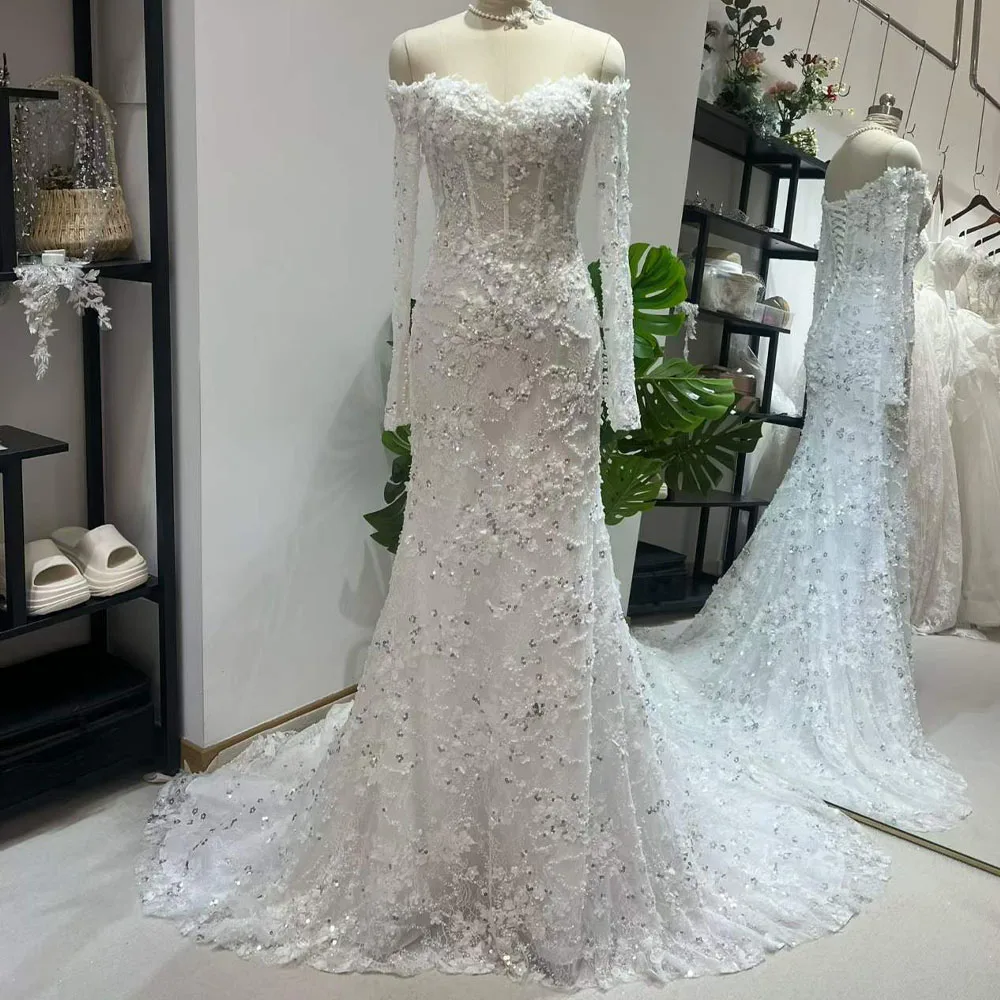 

Fit Wedding Dresses bride Sequins Lace Off The Shoulder Long Sleeves Sexy Vestido Novia
