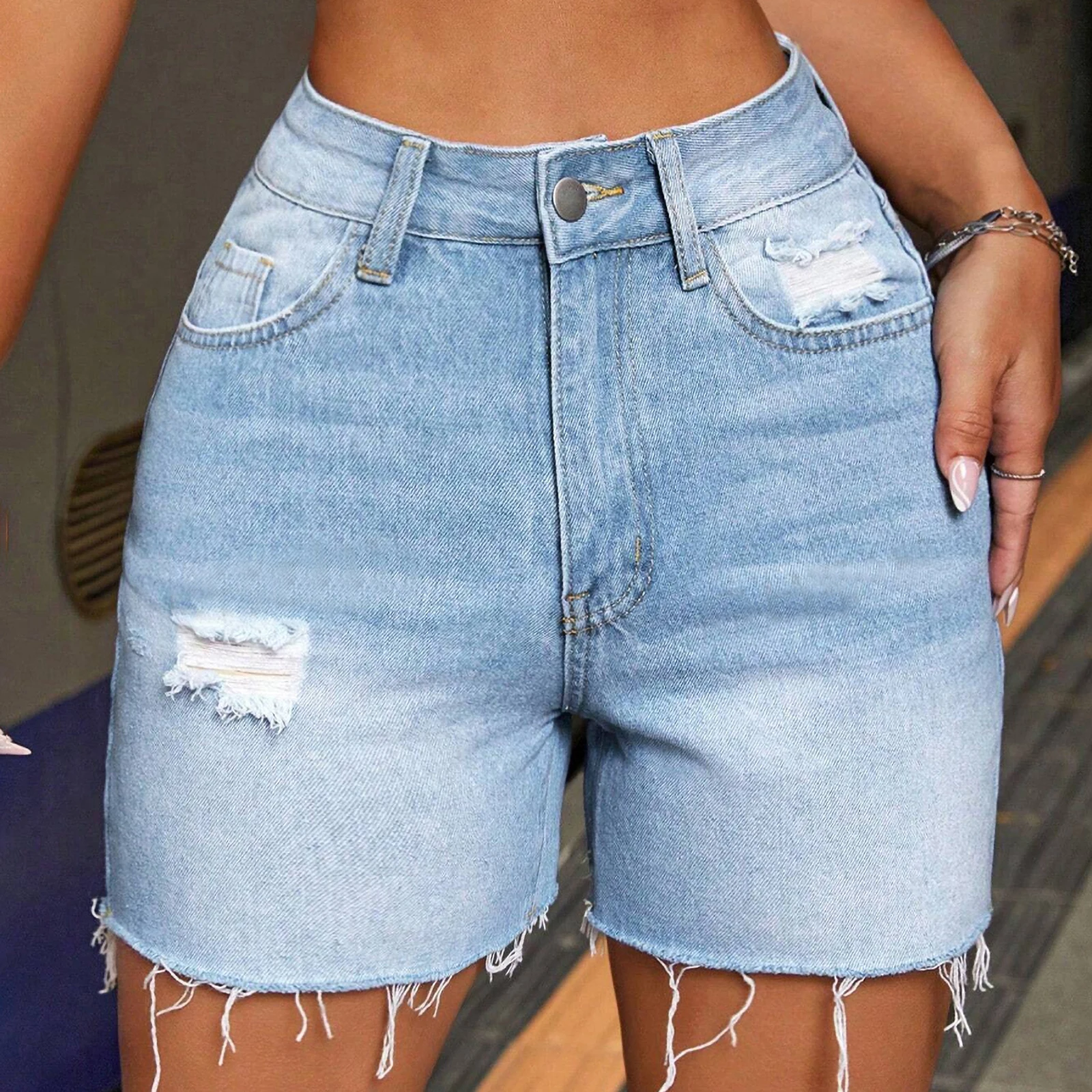 

Fashion women's denim shorts Washed blue ripped fringe shorts High waisted summer denim shorts